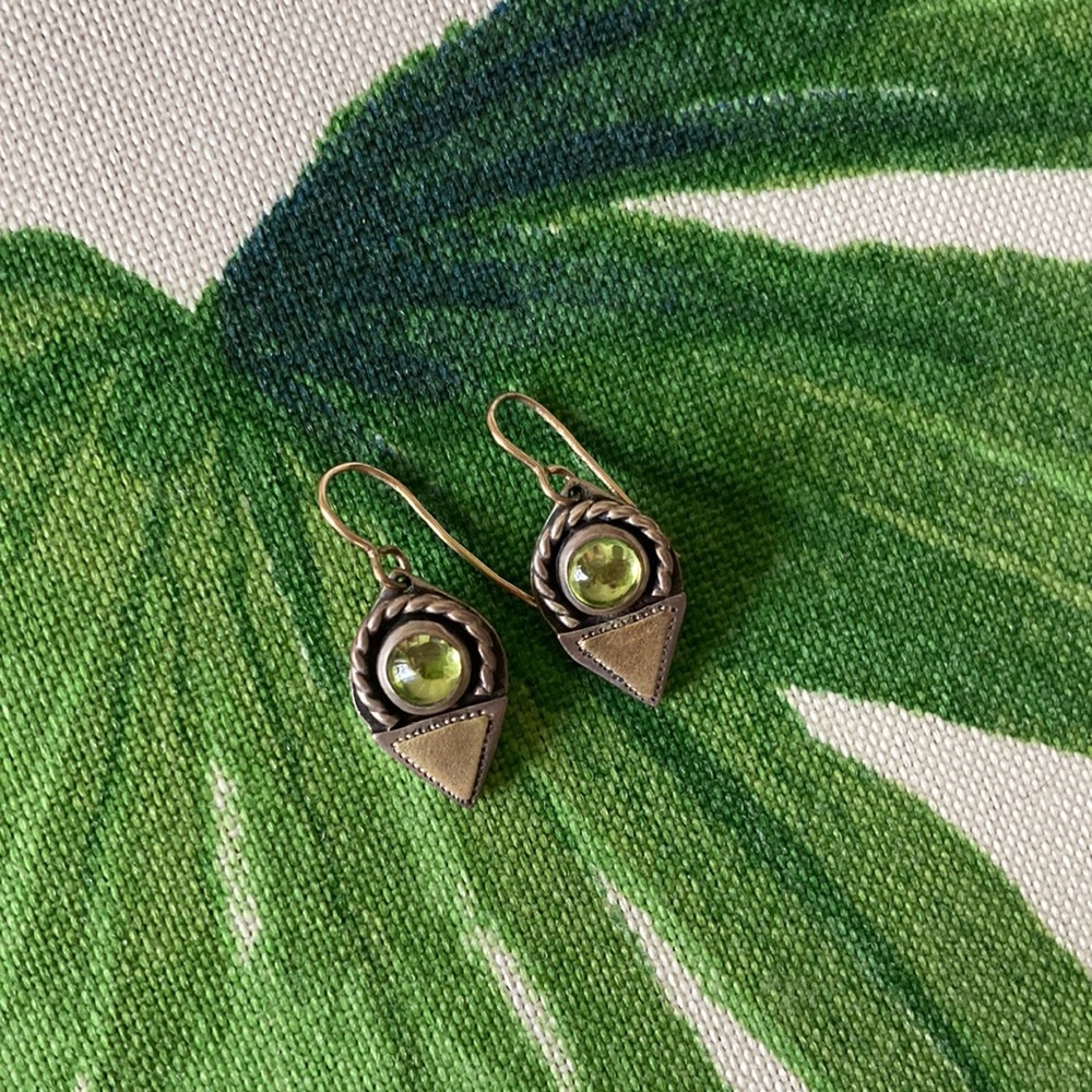 Silver and gold Artisan Handmade Earrings with Green Stone boho vibes - Picture 6 of 6